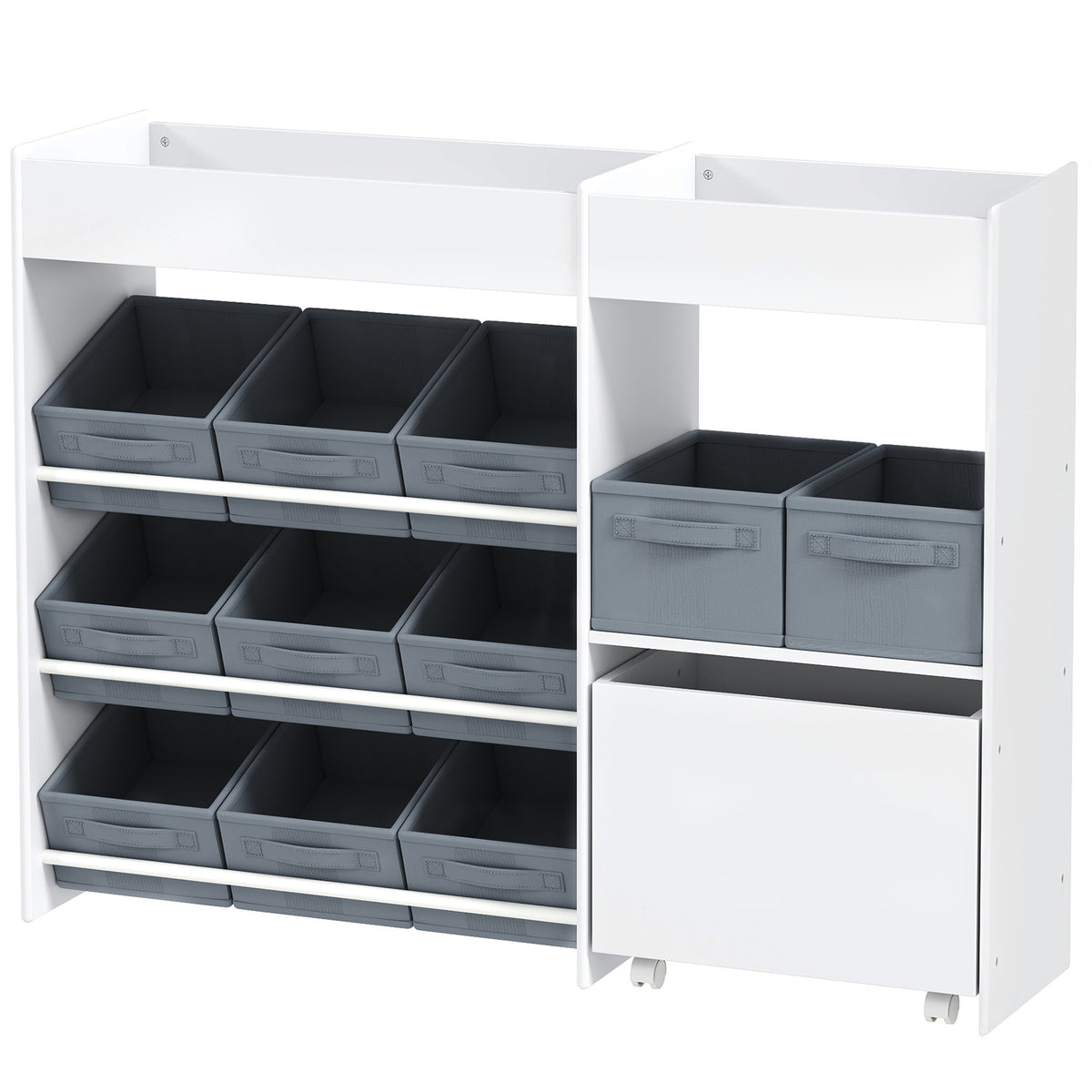 AIYAPLAY Kinder-Aufbewahrungsregal, Spielzeugschrank für Kinder mit 11 Stoffboxen, oberen Fächern, 3 Stickern, Weiß