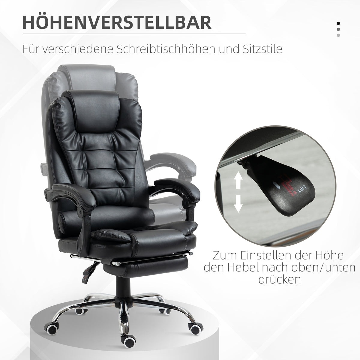 HOMCOM Bürostuhl mit Fußstütze, Schreibtischstuhl, verstellbare Rückenlehne, höhenverstellbar, Schwarz