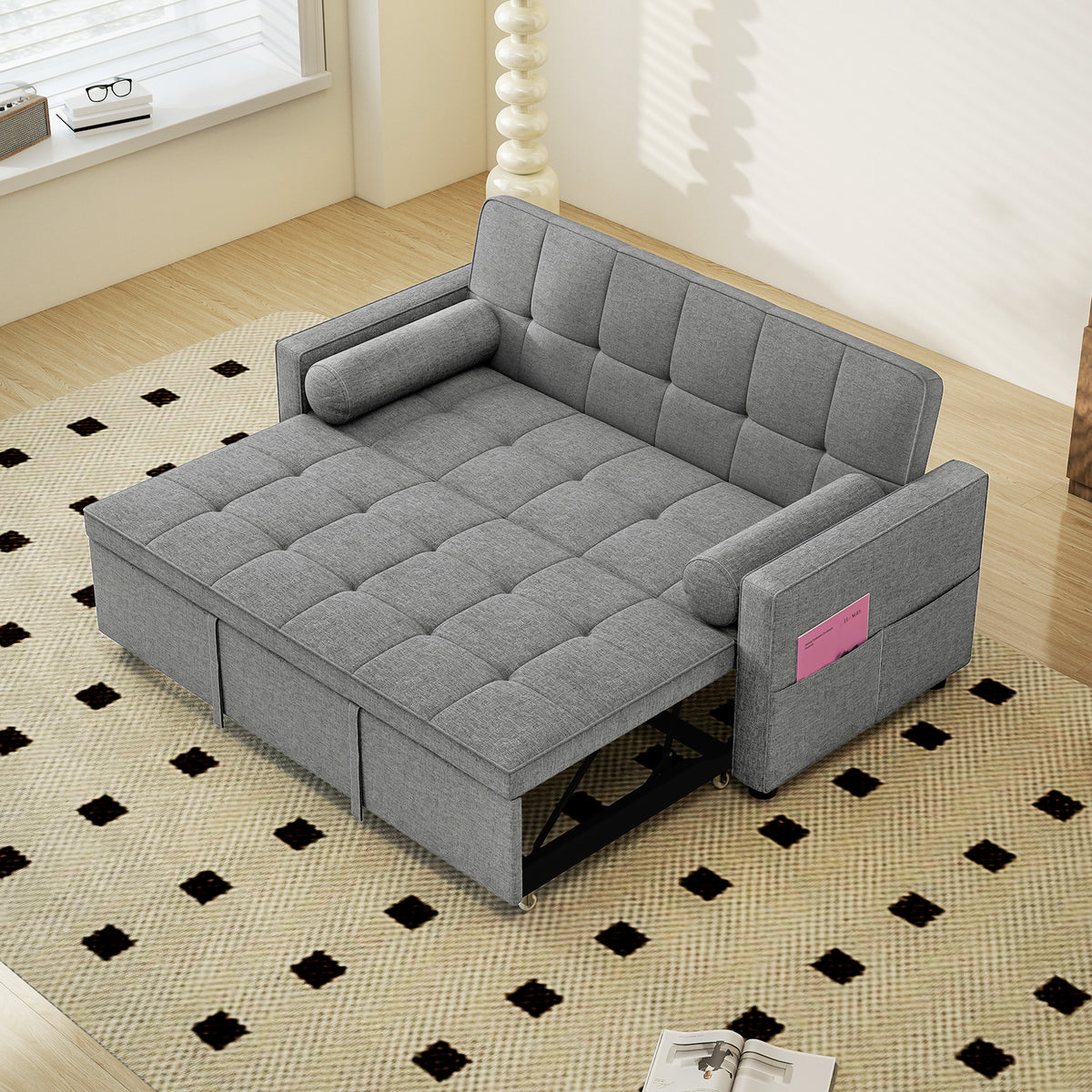 HOMCOM Schlafsofa 2-Sitzer 3-in-1 Schlafcouch mit Doppelbett verstellbarer Rückenlehne 2 Kissen 151x137,5x84cm Grau
