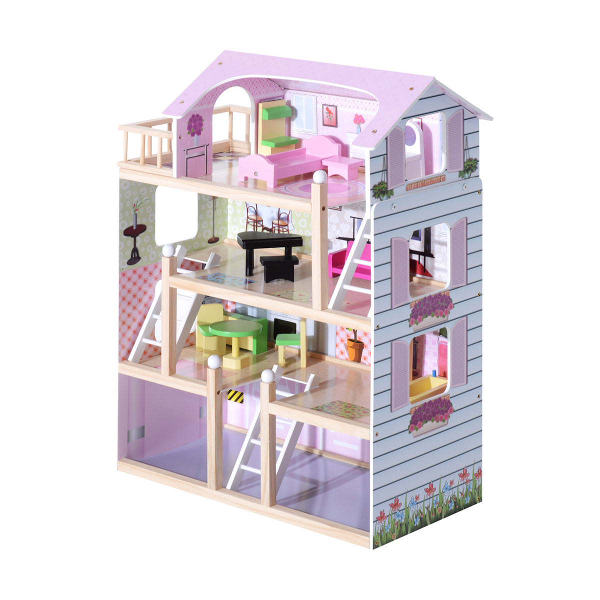 HOMCOM Puppenhaus aus Holz Puppenvilla für Kinder ab 3 Jahren Puppenstube Dollhouse 4 Etagen mit Möbel und Zubehör Spielzeug 60 x 30 x 80 cm