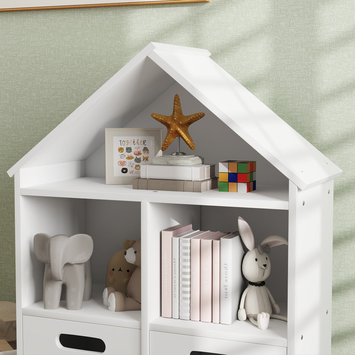 AIYAPLAY Kinderbücherregal Kinder Aufbewahrungsmöbel 3 Ebenen mit zwei Schubladen hausförmig 63,7 x 29,7 x 89 cm weiß