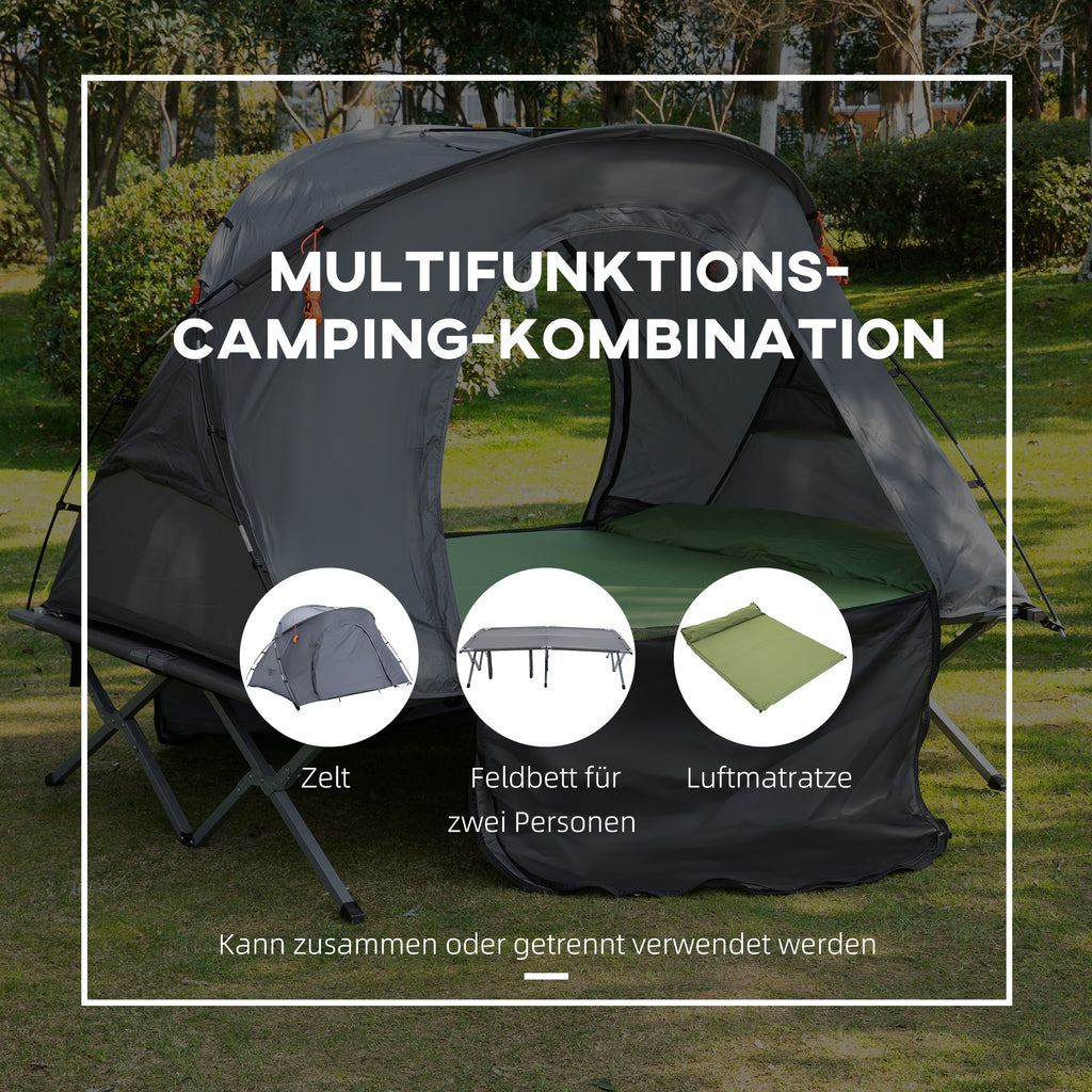 Outsunny Campingbett mit Zelt erhöhtes Feldbett für 2 Person Kuppelzelt mit Luftmatratze inkl. Tragetasche Grau 200 x 146 x 159 cm