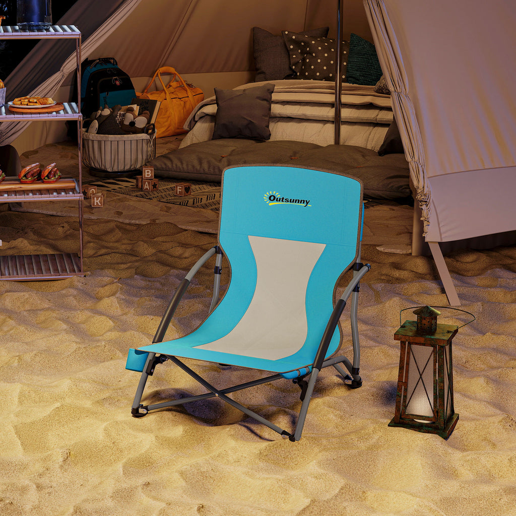 Outsunny Klappbarer Strandstuhl Campingstuhl leicht Tragetasche Getränkehalter 58 x 55 x 62 cm Blau