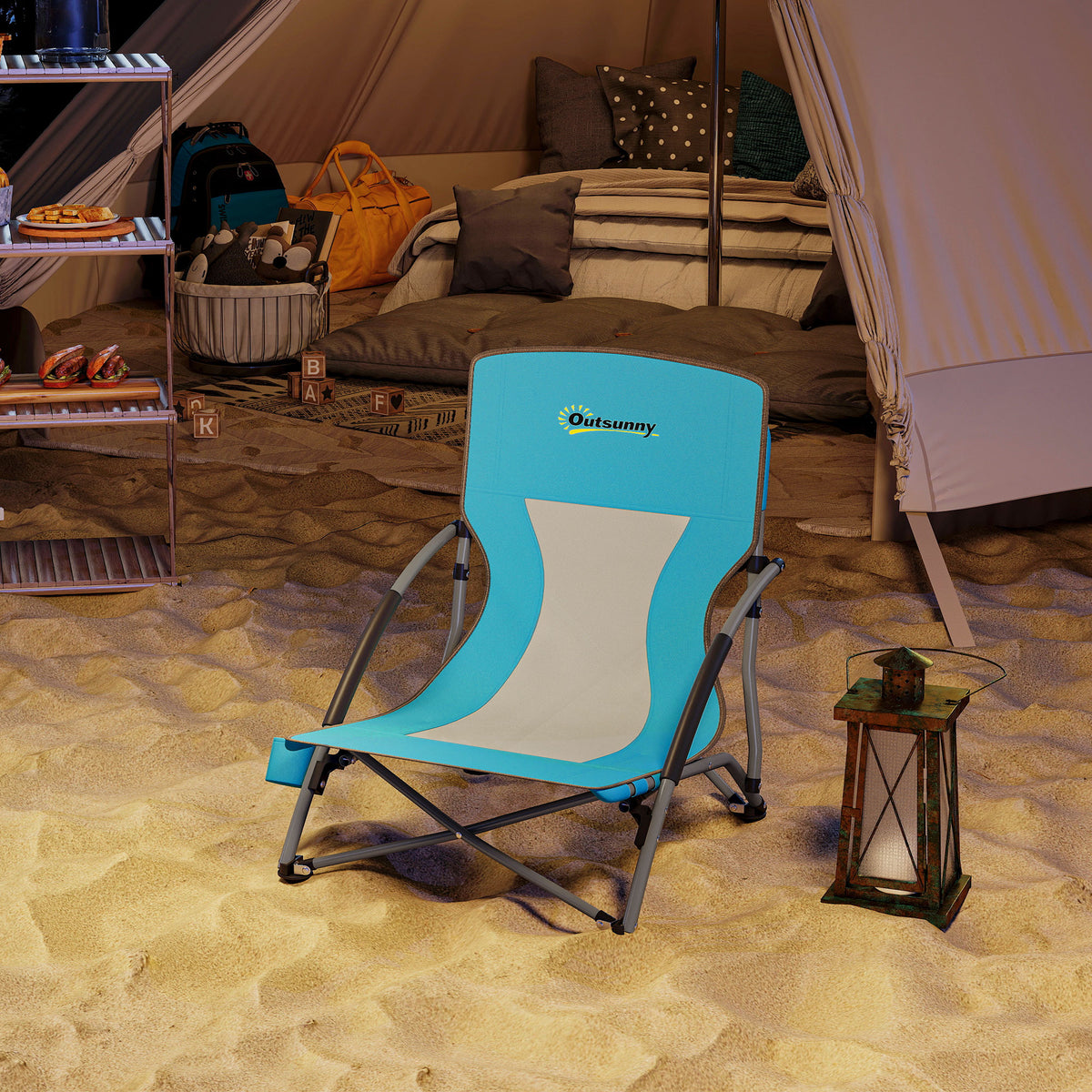 Outsunny Klappbarer Strandstuhl Campingstuhl leicht Tragetasche Getränkehalter 58 x 55 x 62 cm Blau