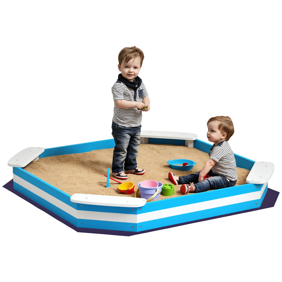 AIYAPLAY Sandkasten für Kinder, Sandkiste mit 4 Sitzen, Fichtenholz, bodenlos, Blau