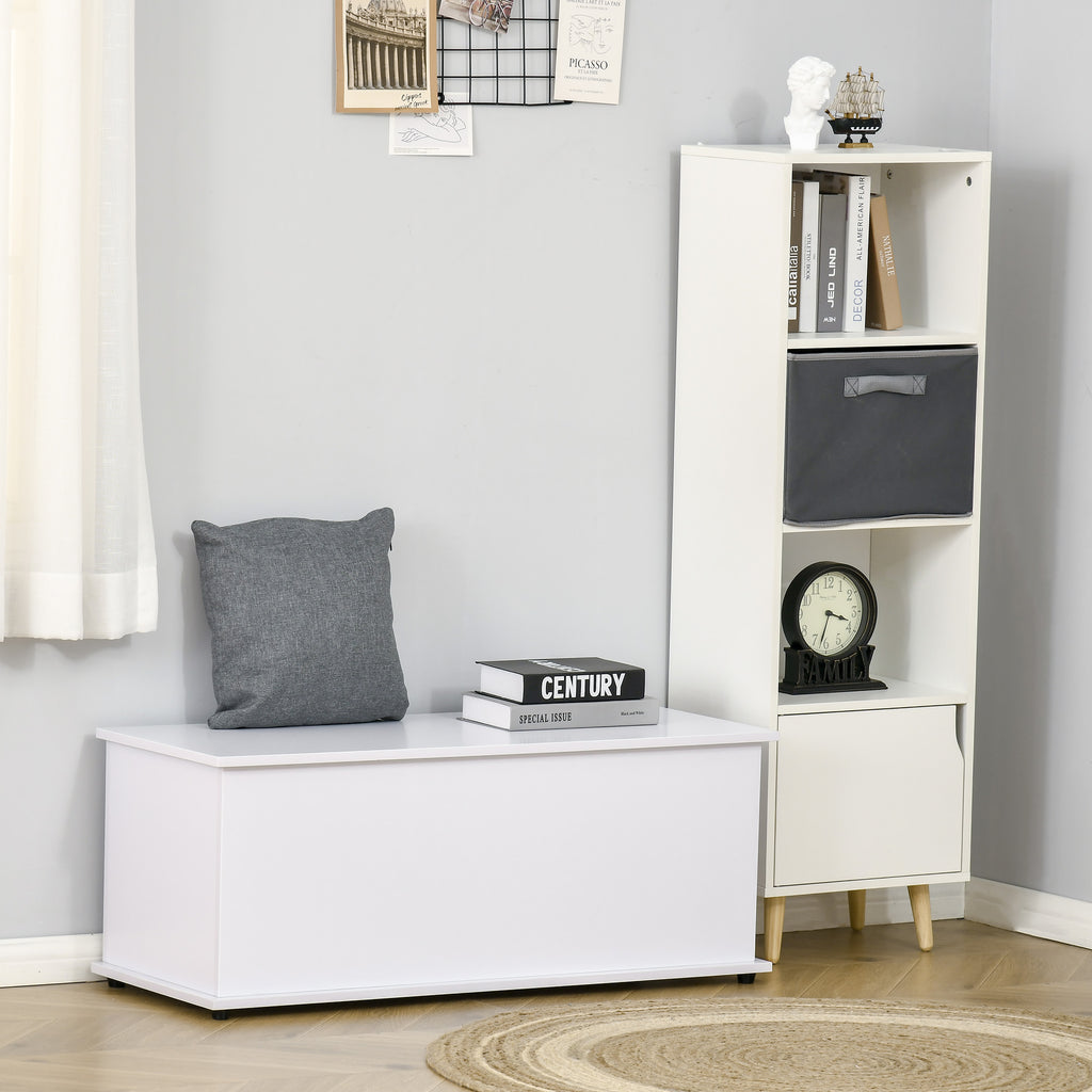 HOMCOM Truhe Aufbewahrungsbox Sitztruhe mit Stauraum Sicherheitsscharniere Holzkiste mit klappbarem Deckel für Wohnzimmer, Schlafzimmer, Spanplatte Weiß 100 x 40 x 40cm