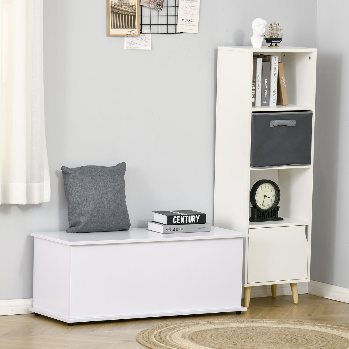 HOMCOM Truhe Aufbewahrungsbox Sitztruhe mit Stauraum Sicherheitsscharniere Holzkiste mit klappbarem Deckel für Wohnzimmer, Schlafzimmer, Spanplatte Weiß 100 x 40 x 40cm
