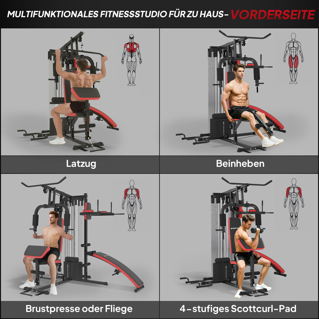 SPORTNOW Mehrzweck-Trainingsstation mit 65 kg Gewichtsblock, verstellbar, fürs Heimtraining, Stahl, Kunstleder