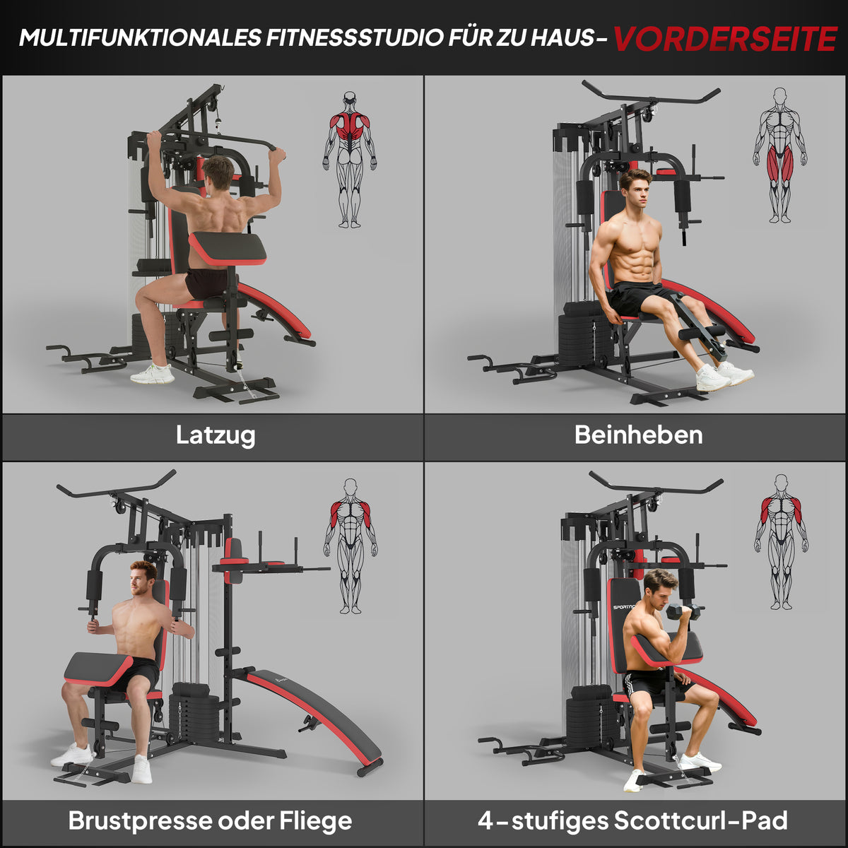 SPORTNOW Mehrzweck-Trainingsstation mit 65 kg Gewichtsblock, verstellbar, fürs Heimtraining, Stahl, Kunstleder