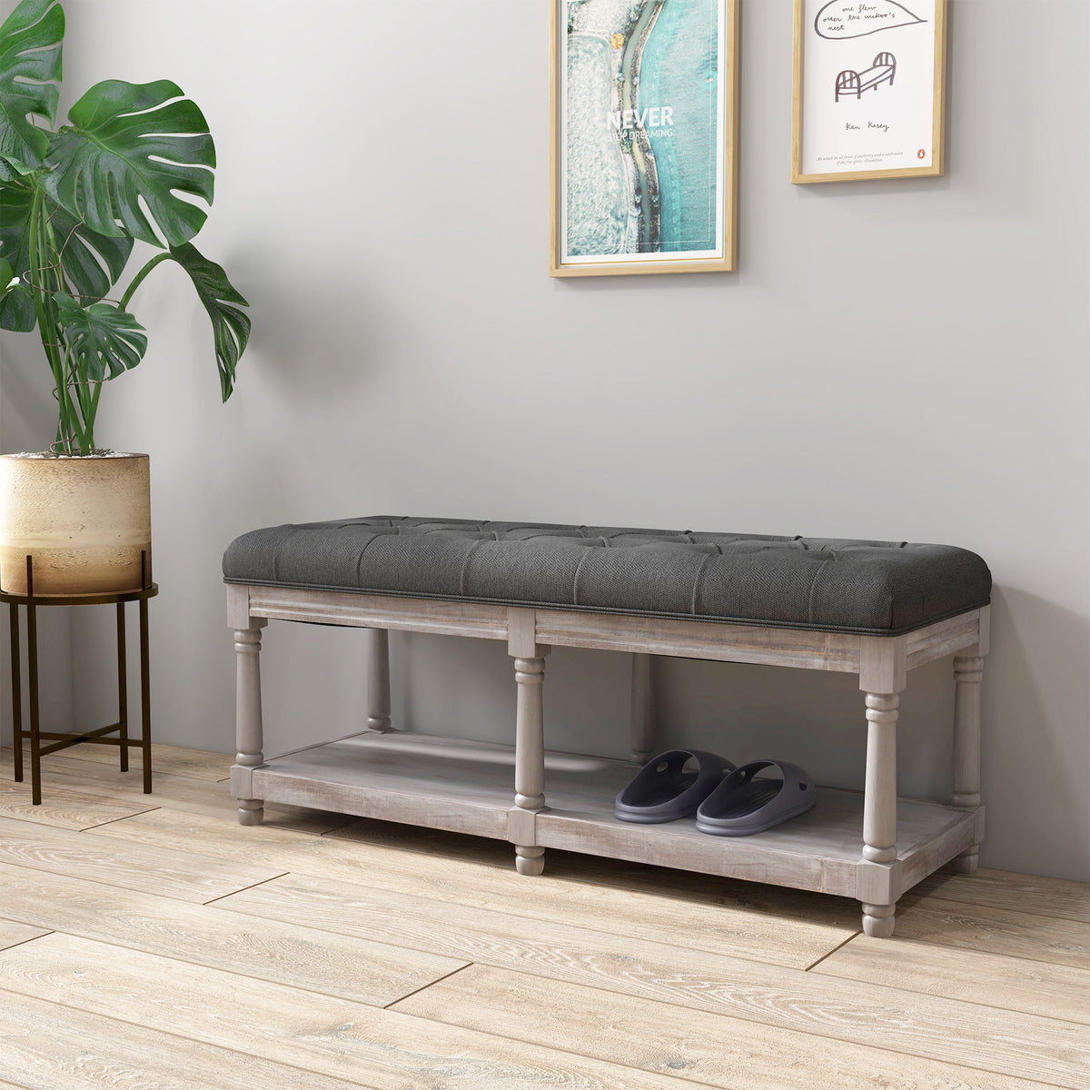 HOMCOM Sitzbank mit Stauraum, Vintage-Design, Knopfheftung, Kautschukbaumholz, 115x40x48cm, Grau