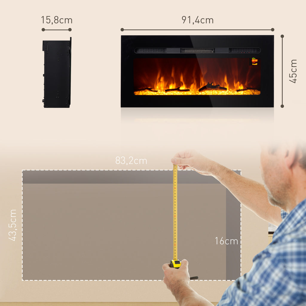 HOMCOM Elektrischer Kamin mit Wandhalterung und Fernbedienung, künstliche Holzscheite und Kristalle, 1800W Leistung, Schwarz