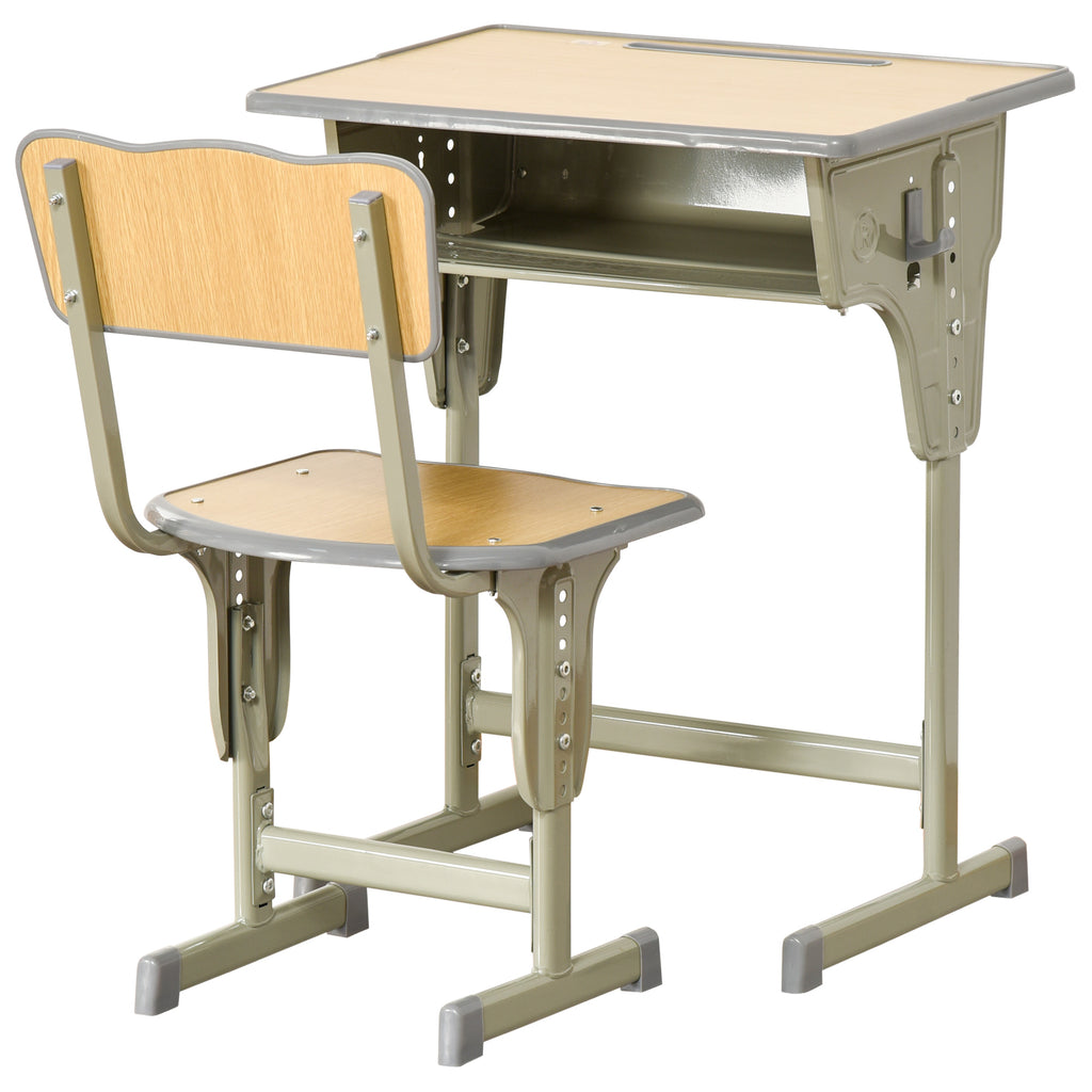 HOMCOM Kinder-Schreibtisch Vintage Schulbank-Stil - Kinder-Schreibtisch und Stuhl verstellbar - Kasten, Taschenhalter, Stiftehalter - Stahl in Khaki MDF-helle Holzoptik