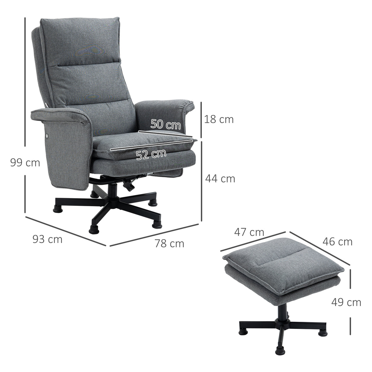 HOMCOM Massage-Bürostuhl mit Fußhocker, 8 Vibrationsköpfe, 1 Fernbedienung, 1 Seitentasche, Grau
