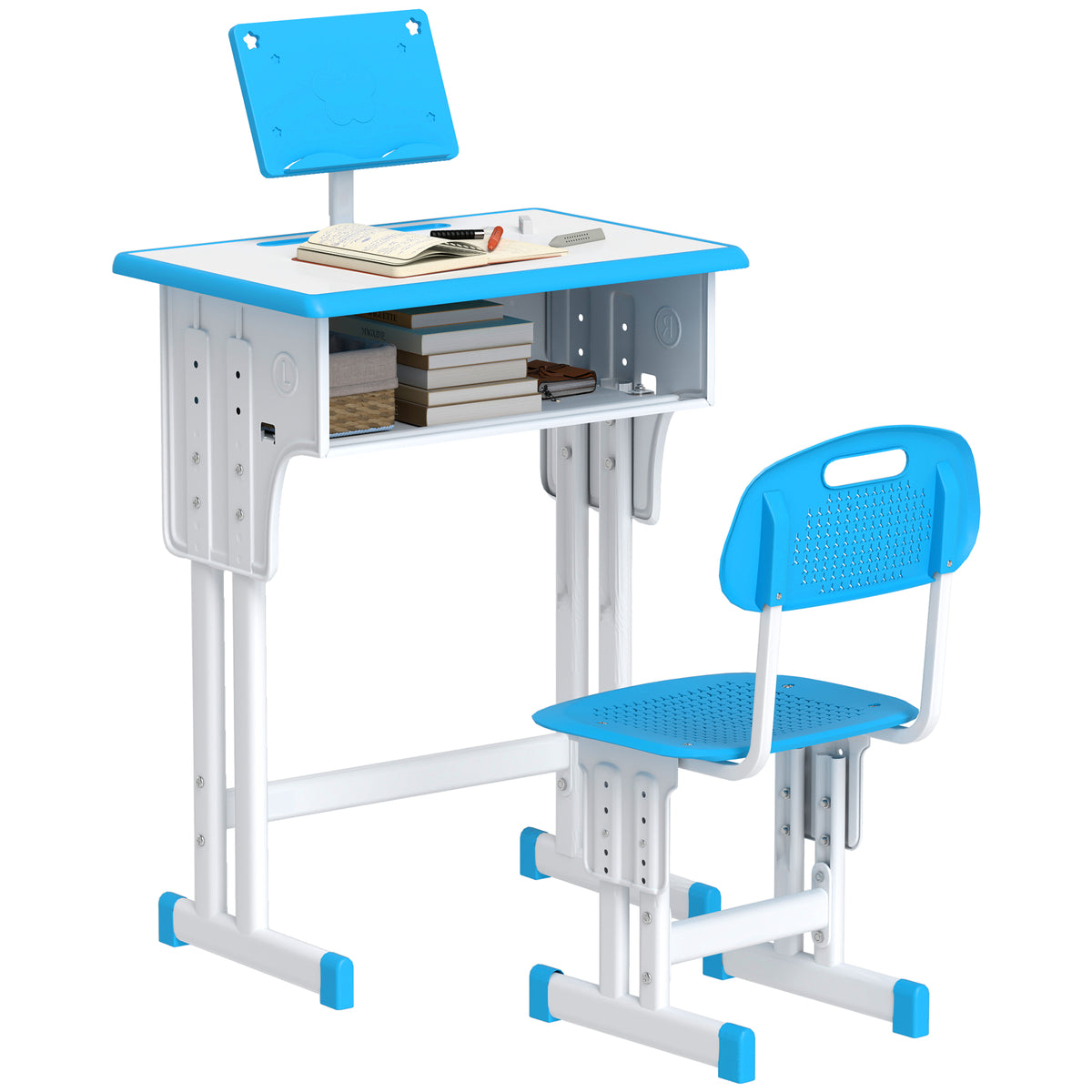 HOMCOM Kinder-Schreibtisch und Stuhl mit Leseständer Fach Haken und Stifthalter 60 x 45x 90-102 cm blau