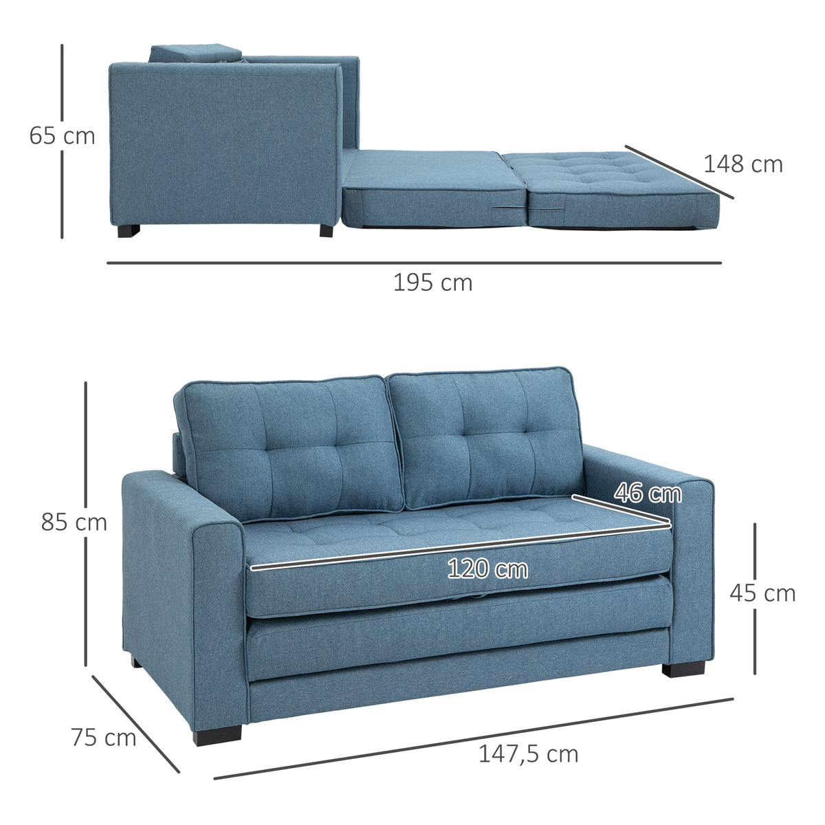 HOMCOM Schlafsofa Klappsofa 2-Sitzer Stoffsofa Bettsofa Sofa mit Schlaffunktion Sofagarnitur Leinen-Touch Gummiholz Blau 147,5 x 75 x 85 cm