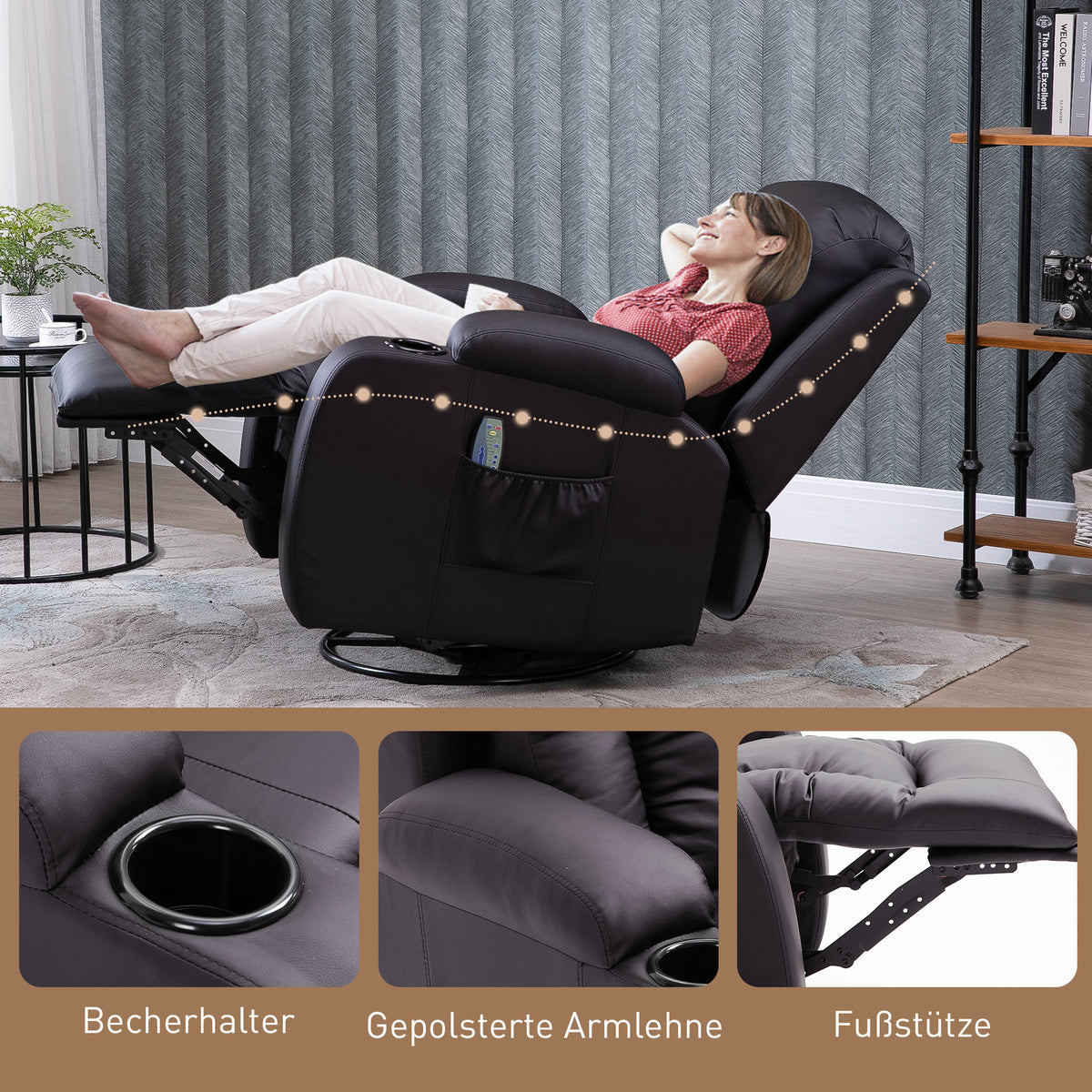 HOMCOM Massagesessel, Relaxsessel, Wippfunktion, 8 Vibrationspunkte, inkl. Fernbedienung, Braun