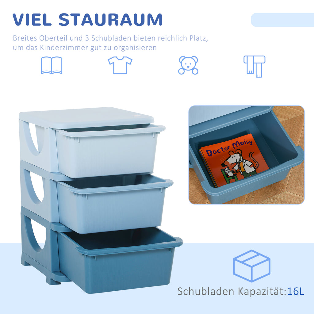 HOMCOM Aufbewahrungsboxen für Kinder, 3 Schubladen, abgerundete Kanten, erhöhtes Design, 37x37x56,5 cm, Blau