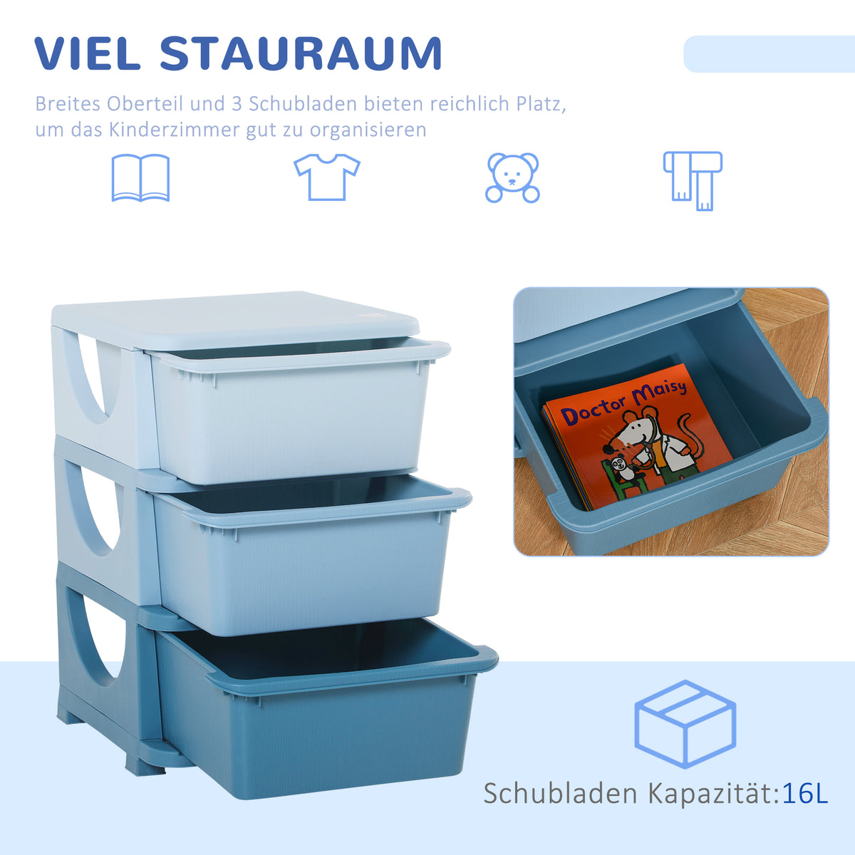 HOMCOM Aufbewahrungsboxen für Kinder, 3 Schubladen, abgerundete Kanten, erhöhtes Design, 37x37x56,5 cm, Blau