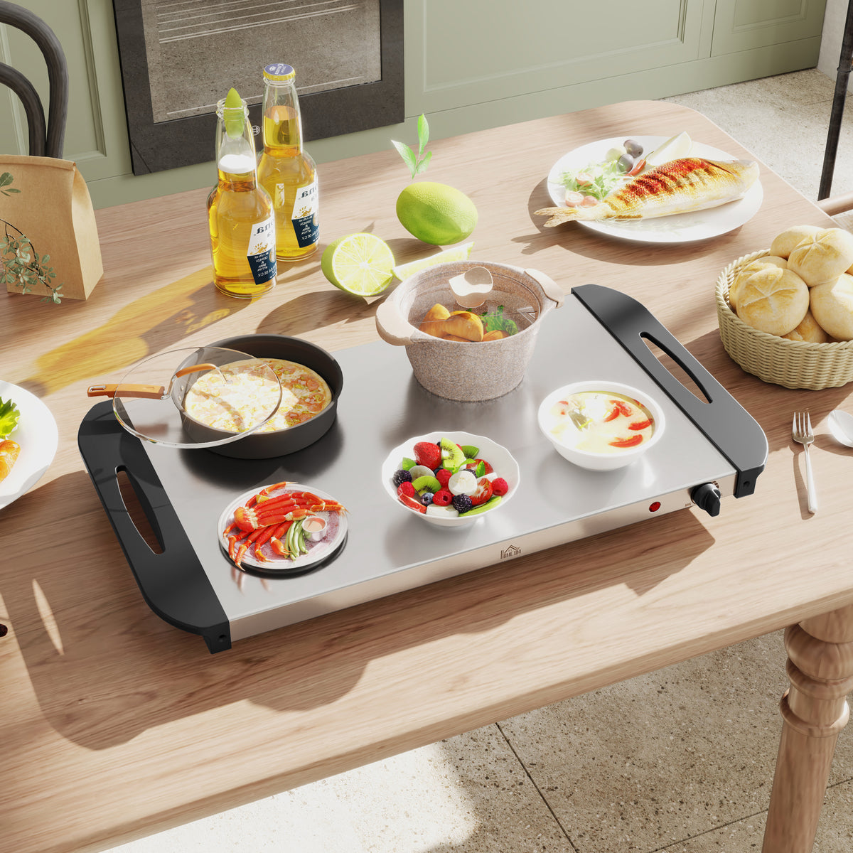 HOMCOM 2-in-1 Buffetwärmer 6,8L Warmhalteplatte 300 Watt Edelstahl Speisewärmer Silber