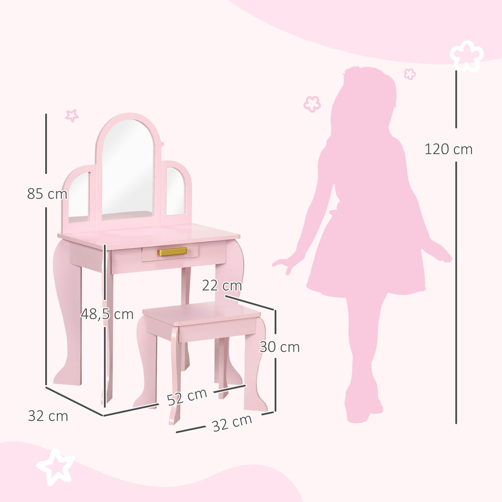 HOMCOM Kinder-Frisiertisch mit Hocker 3 Spiegel und Schublade 3-6 Jahre 52 x 32 x 85 cm Rosa