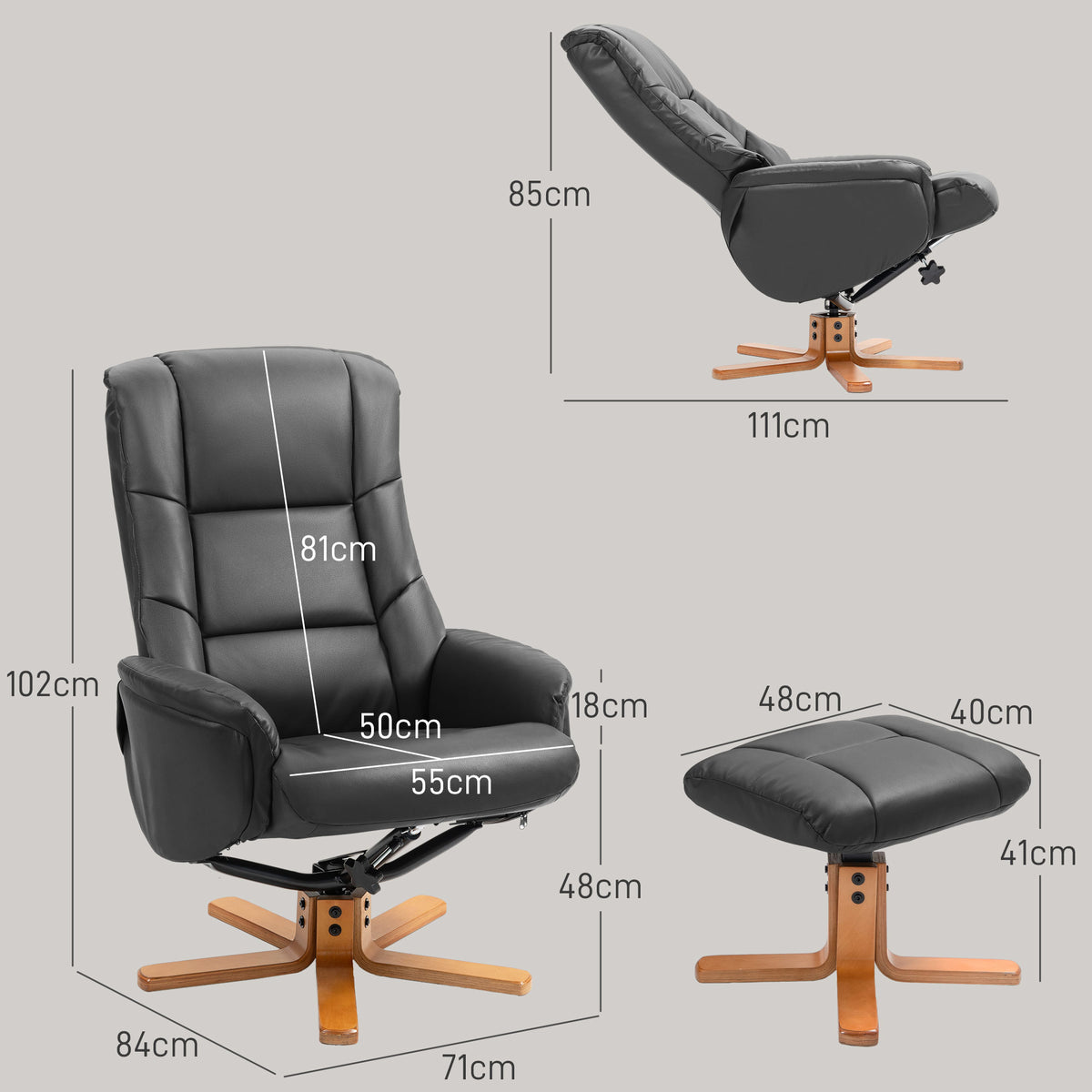 HOMCOM Relaxsessel mit Hocker, Liegefunktion, Kunstlederbezug, bis 150 kg, 71 x 84 x 102 cm, Schwarz