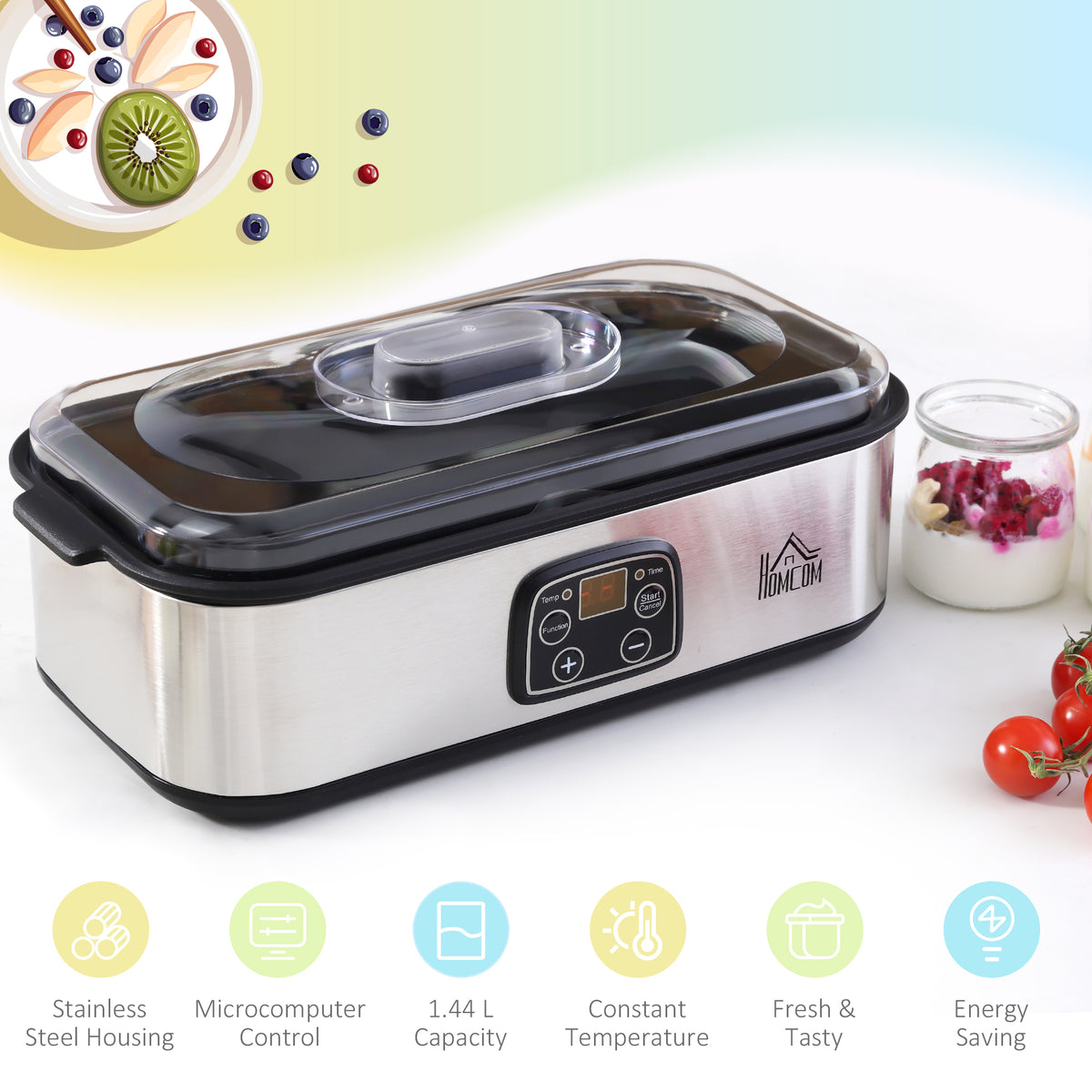 HOMCOM Joghurtbereiter 25W Joghurtmaschine mit LCD-Display 8 Joghurtgläser mit Deckel aus Glas 180ml einstellbare Temperatur und Zeit PC PP-Kunststoff Edelstahl Glas Silber 36 x 18,8 x 14 cm