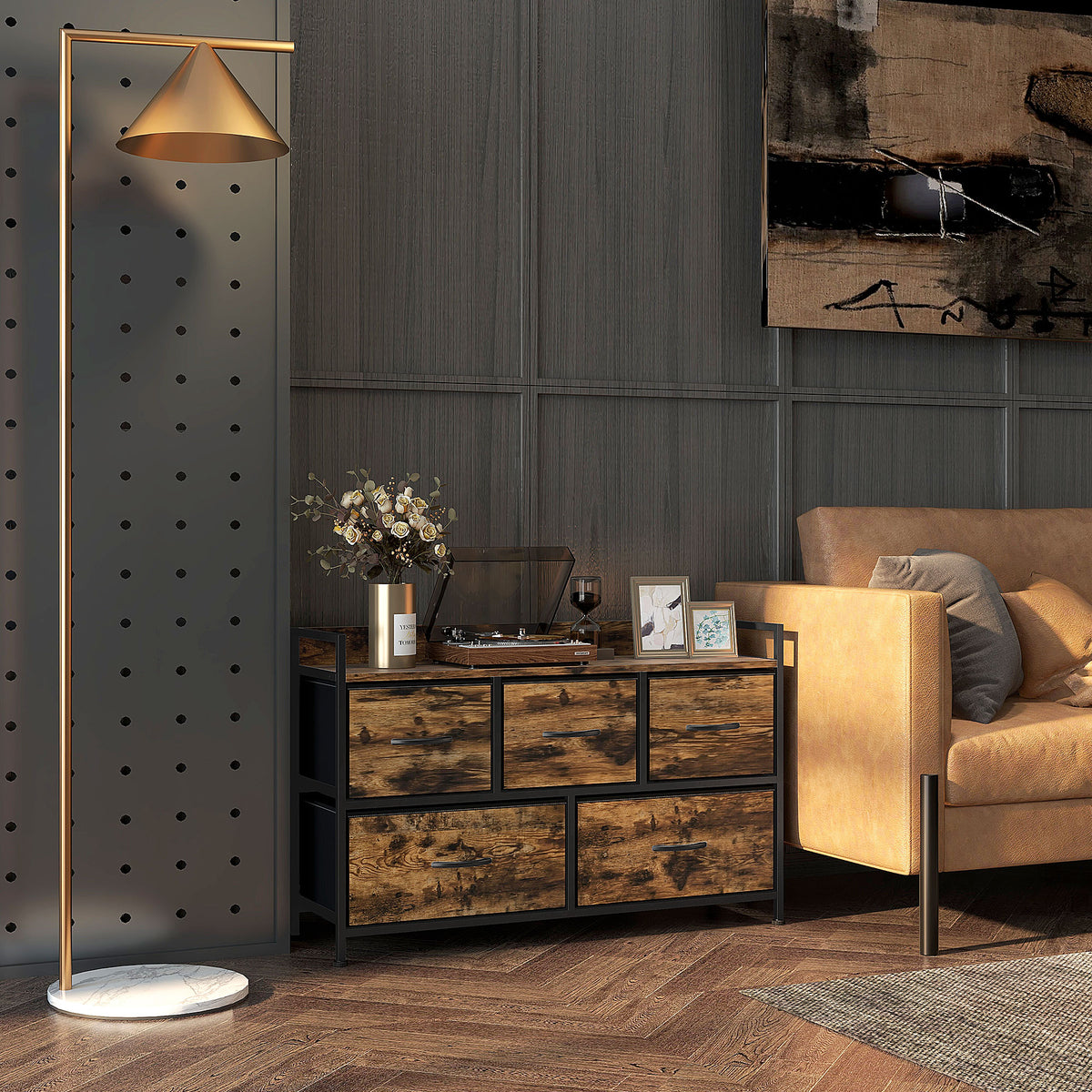 HOMCOM Kommode mit faltbaren Stoffschubladen, Melaminholz, Stahlrahmen, Braun