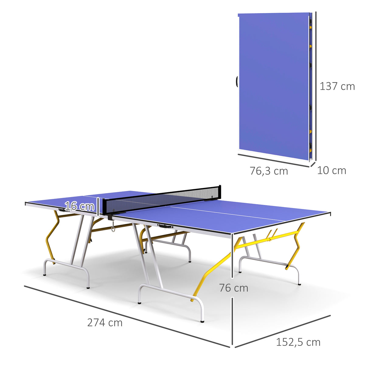 SPORTNOW Tischtennisplatte, klappbar, inkl. 2 Schläger, 3 Bälle, Netz, In- & Outdoor, Metallgestell, 274x152x76cm, Blau