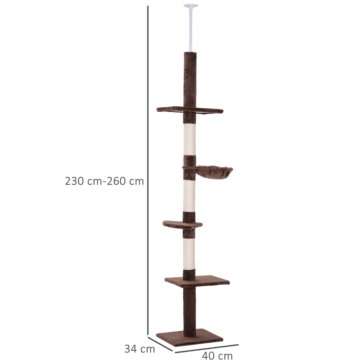 PawHut Kratzbaum Deckenhoch höhenverstellbar, stabiler Katzenbaum mit Sisalsäulen, Katzen Kletterbaum, Braun, 40 x 34 x 230-260 cm