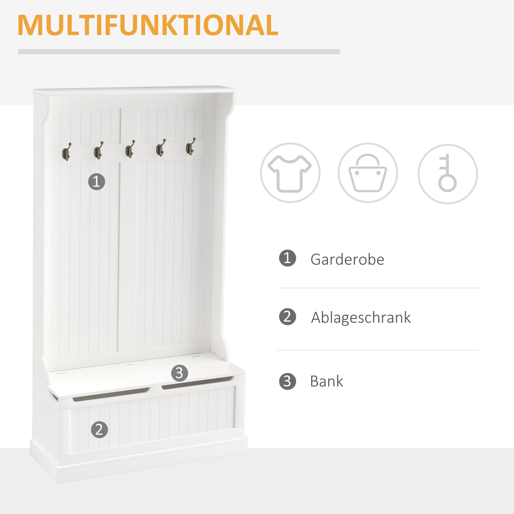 HOMCOM Garderobe mit Sitzbank, 5 Kleiderhaken, 1 Stauraum, Wandgarderobe, Weiß + Schwarz