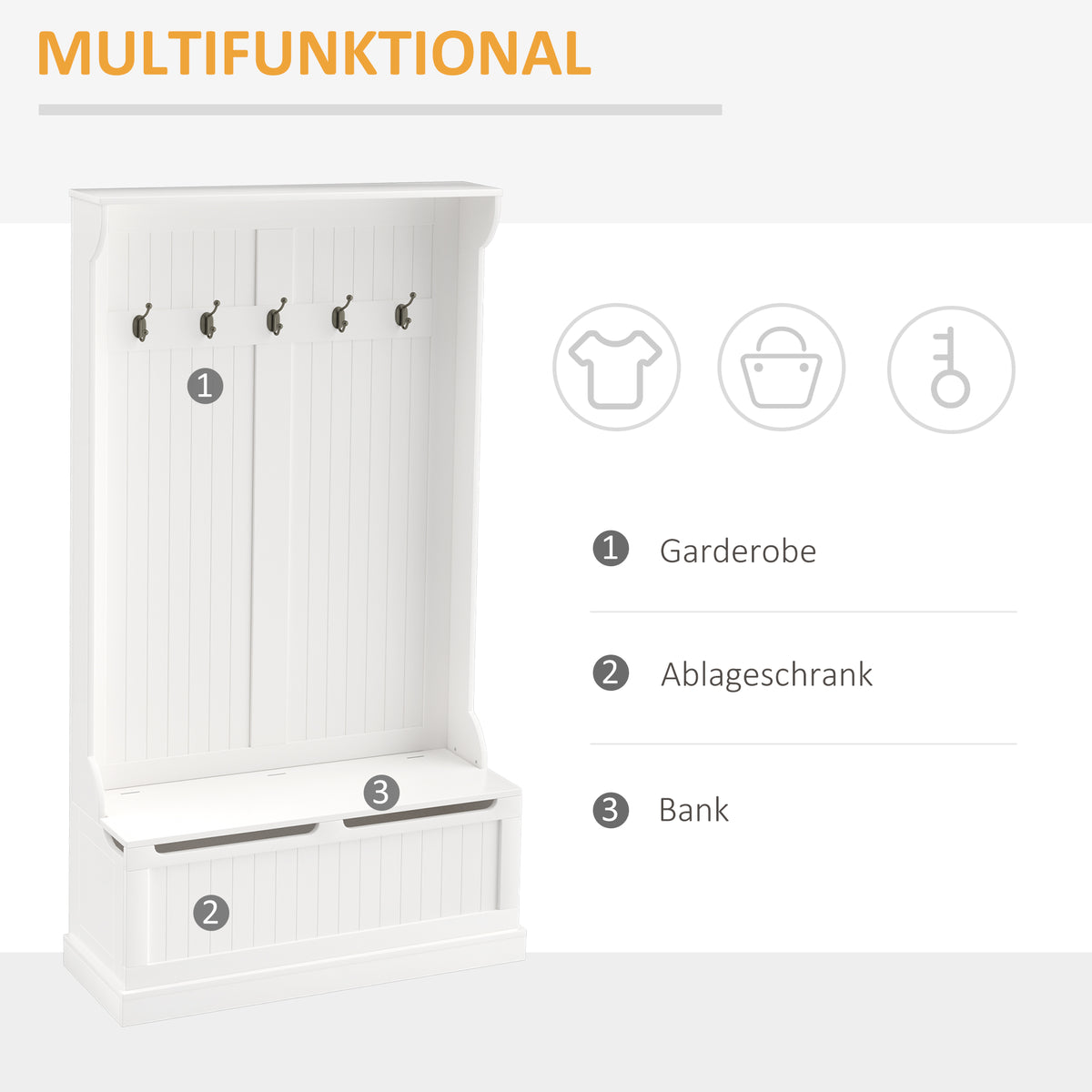 HOMCOM Garderobe mit Sitzbank, 5 Kleiderhaken, 1 Stauraum, Wandgarderobe, Weiß + Schwarz
