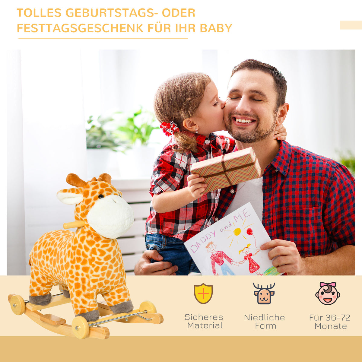 HOMCOM 2-IN-1 Schaukeltier Giraffen mit Sound Effekt, Räder , Haltegriffen Plüsch Baby Schaukelspielzeug Schaukel Schaukelsitz für Kleinkinder 3-6 Jahre