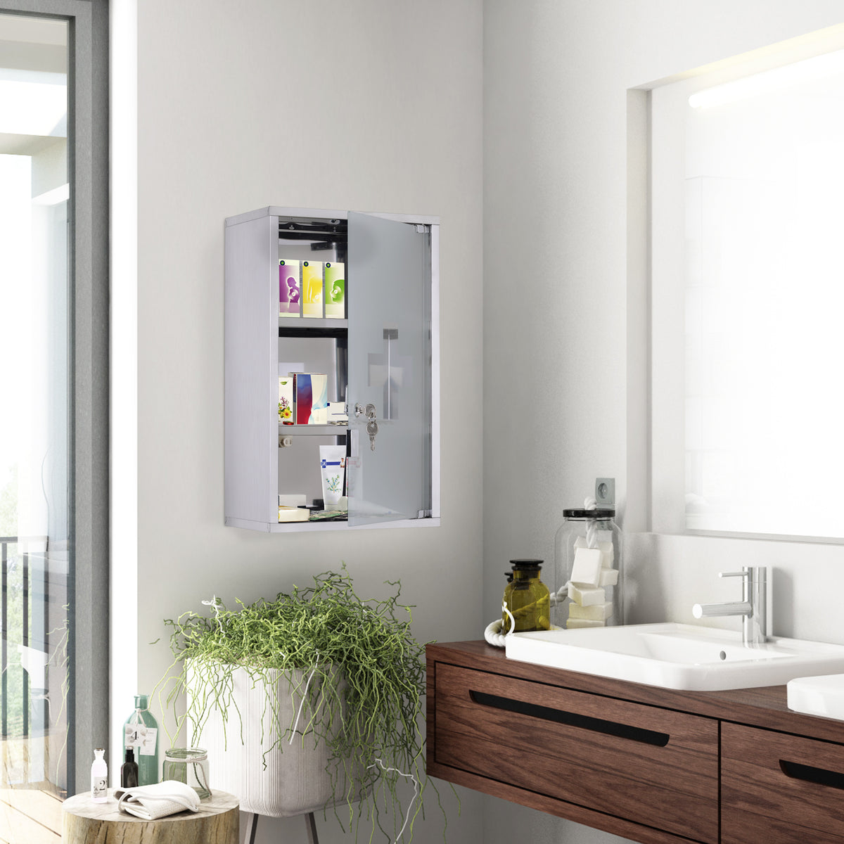 HOMCOM Medizinschrank Arzneischrank aus Edelstahl, Abschließbar Medikamentenschrank mit 3 Fächern, Glastür Apothekerschrank zur Medikamenten-Aufbewahrung, 30 x 18 x 50 cm