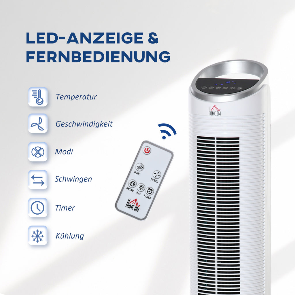 HOMCOM Turmventilator mit Wasserkühlung und Fernbedienung 60W 20㎡ 30 cm x 30 cm x 100,8 cm 3 Modi Weiß