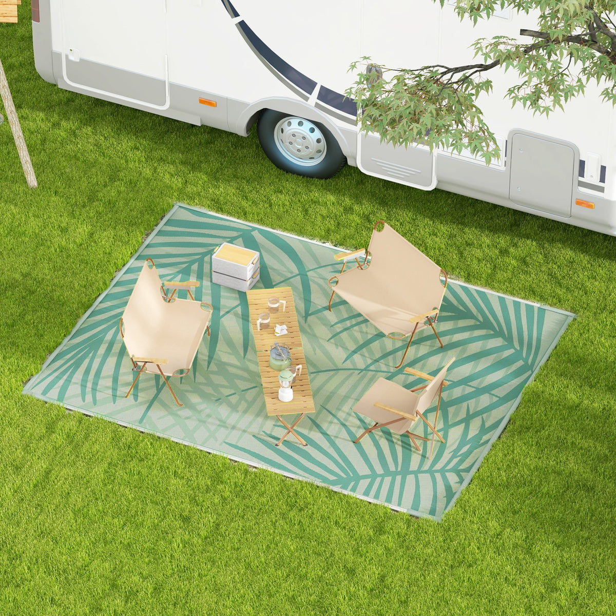Outsunny Outdoorteppich Terrassenteppich, wetterbeständig, modernes Design, 365 cm x 274 cm x 0,3cm, Grün + Creme