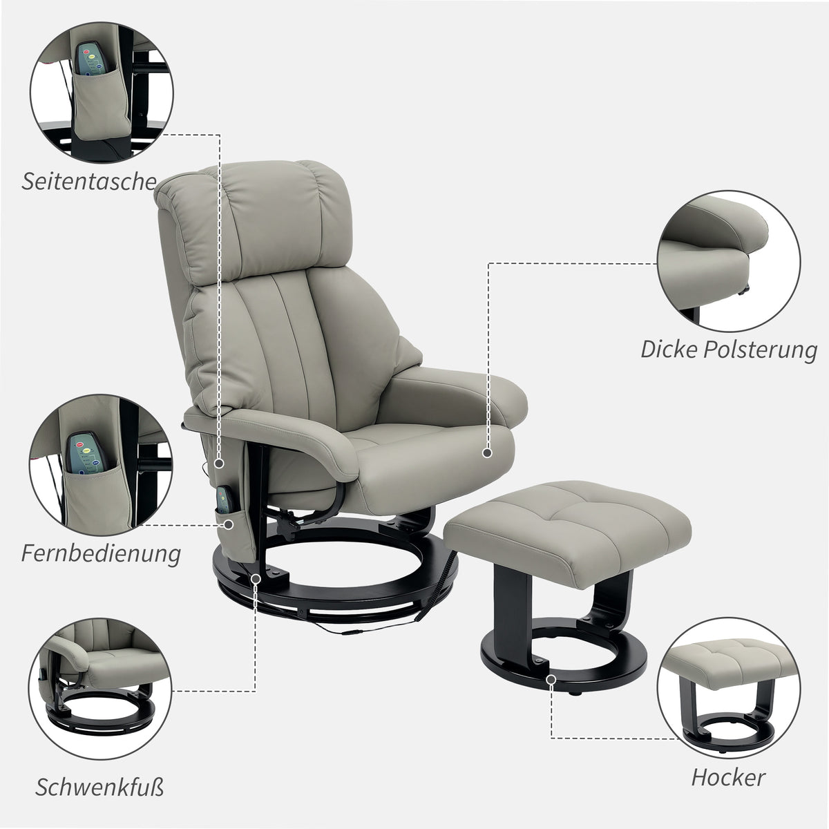 HOMCOM Relaxsessel Massagefunktion Fernsehsessel mit Seitentasche, Kunstleder, Grau