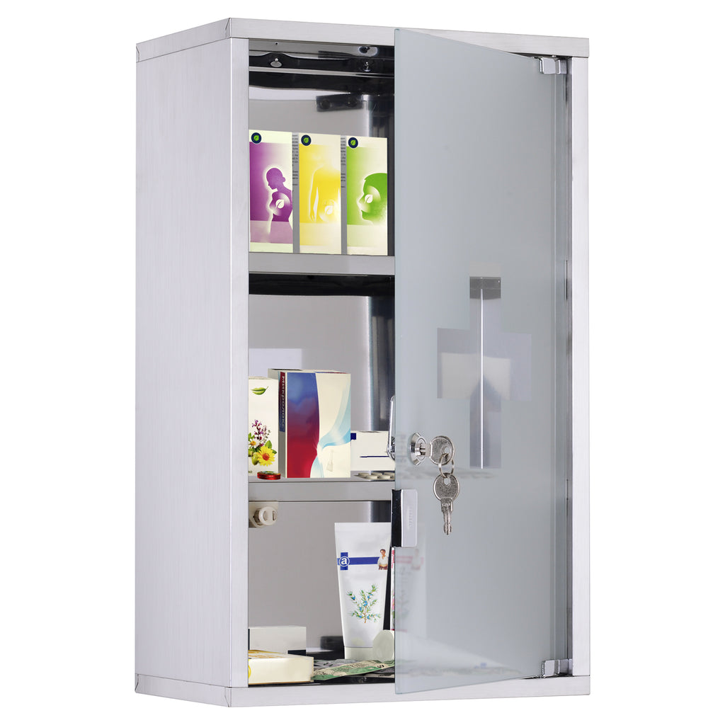 HOMCOM Medizinschrank Arzneischrank aus Edelstahl, Abschließbar Medikamentenschrank mit 3 Fächern, Glastür Apothekerschrank zur Medikamenten-Aufbewahrung, 30 x 18 x 50 cm