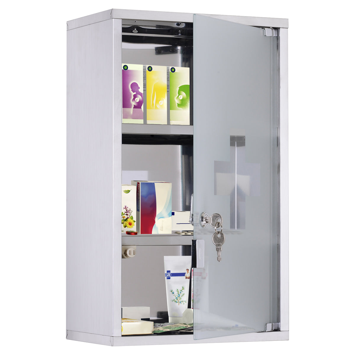 HOMCOM Medizinschrank Arzneischrank aus Edelstahl, Abschließbar Medikamentenschrank mit 3 Fächern, Glastür Apothekerschrank zur Medikamenten-Aufbewahrung, 30 x 18 x 50 cm