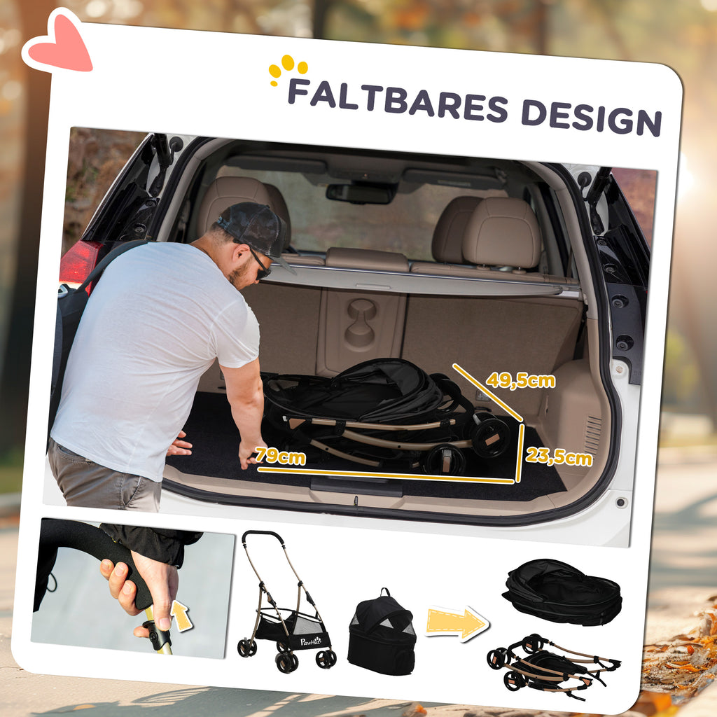 PawHut 2-in-1 Hundewagen und Transportkorb bis 10 kg Klappbar Netzfenster Bodenkorb 82 cm x 49,5 cm x 98 cm Schwarz