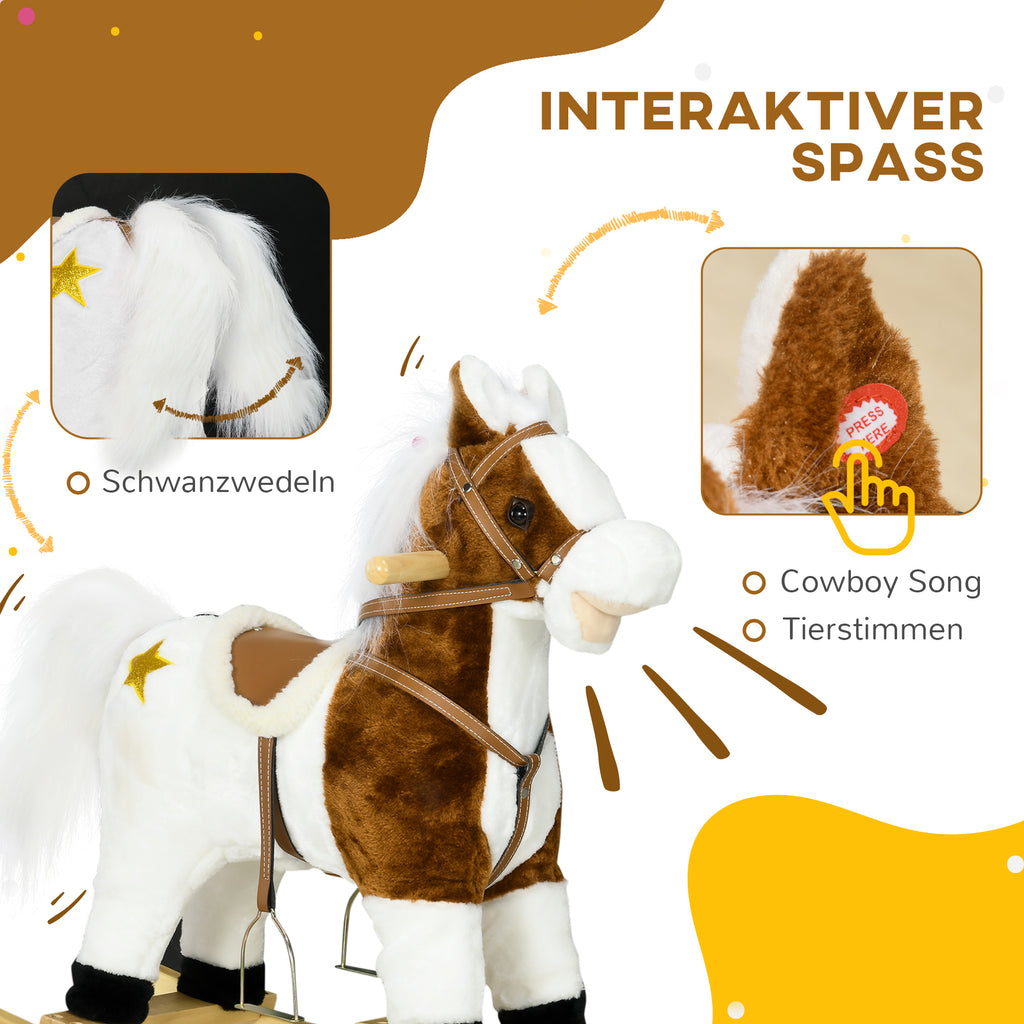 HOMCOM Schaukelpferd, Sattel mit Steigbügeln, Soundeffekte, Musik, Plüschkörper, Metallrahmen, bis 30 kg, braun