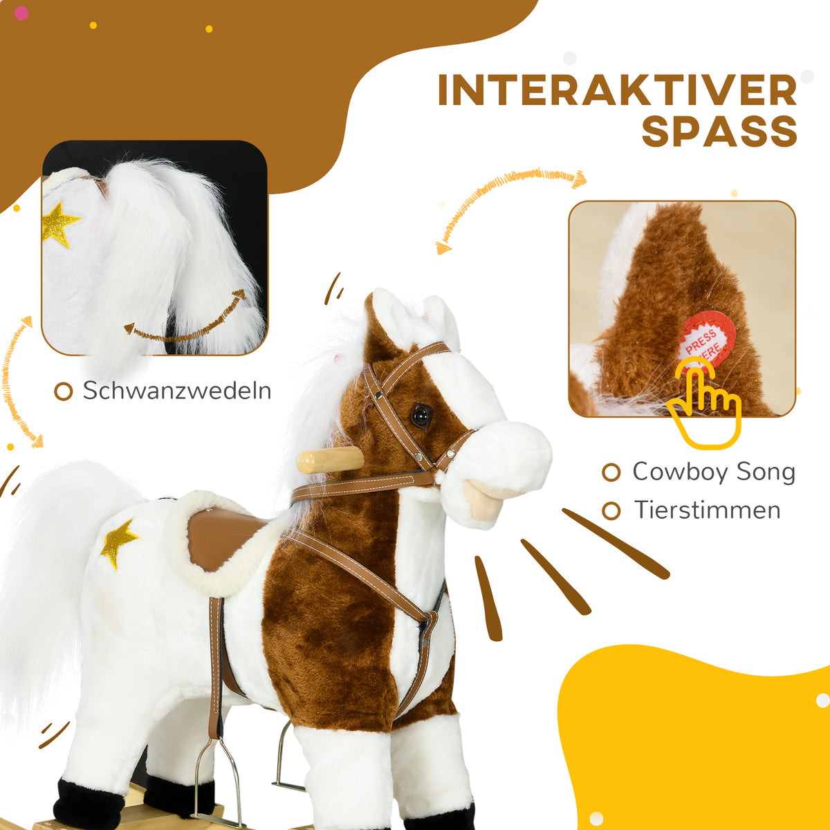 HOMCOM Schaukelpferd, Sattel mit Steigbügeln, Soundeffekte, Musik, Plüschkörper, Metallrahmen, bis 30 kg, braun
