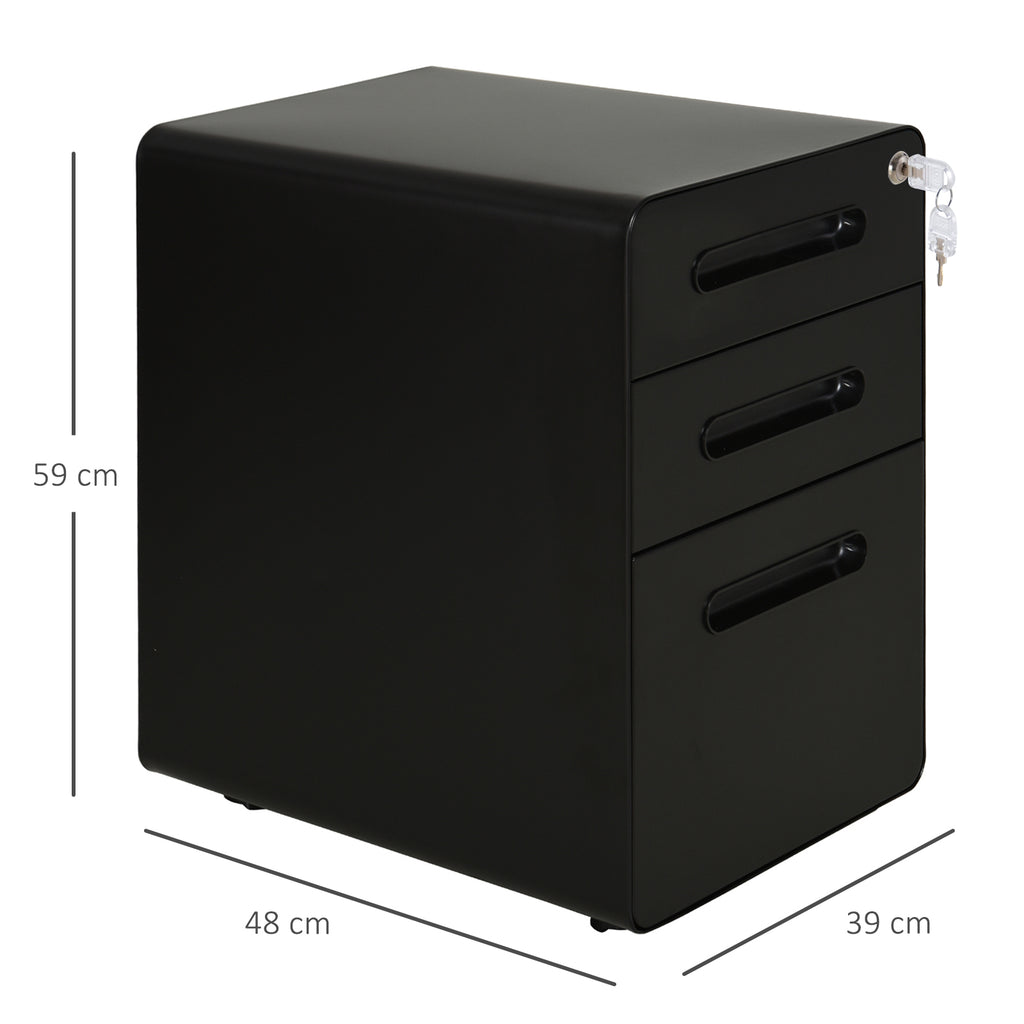 Vinsetto Rollcontainer, mobiler Aktenschrank mit 3 Schubladen, abschließbarer Büroschrank mit Hängeregistratur, Aufbewahrung, Stahl, 39 x 48 x 59 cm Schwarz