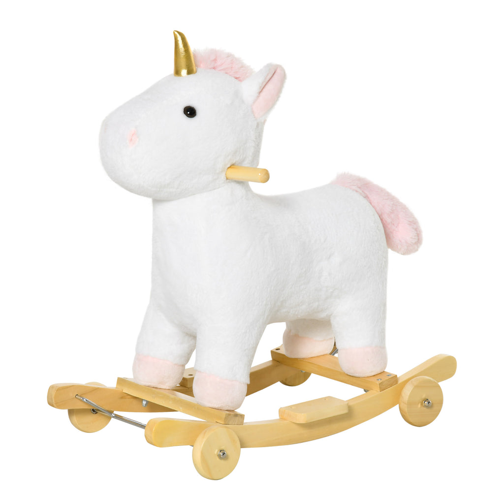 HOMCOM 2-IN-1 Schaukelpferd mit Räder Plüsch Schaukeltier Babyschaukel Spielzeug Weiß 63 x 38 x 63 cm
