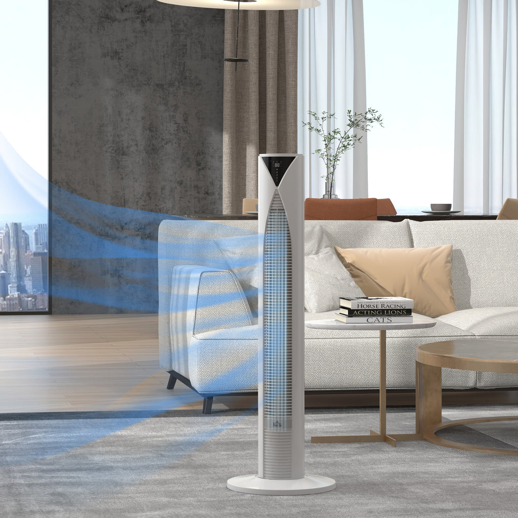 HOMCOM Turmventilator mit Fernbedienung, 12-Stunden-Timer, Schlafmodus, 3 Geschwindigkeiten, 31,5 x 31,5 x 96 cm Weiß