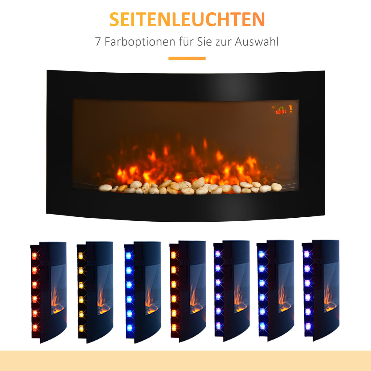 HOMCOM Elektrokamin mit Heizung, Wandkamin mit LED Flammeneffekt, 7 Flammenfarben, 1000/2000 W, elektrischer Kamin mit Timer, Einstellbarer Thermostat, Dekokamin mit Fernbedienung, Schwarz, 89,2 cm