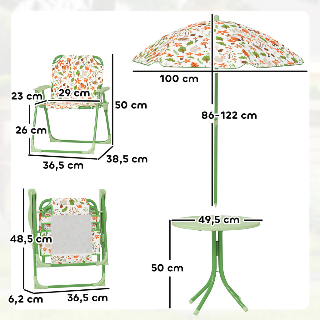 AIYAPLAY Kinder-Gartenmöbel-Set im Freien 4-teilig, Elefanten- und Giraffenmotiv, verstellbarer Ø 100 cm Sonnenschirm, klappbarer Stuhl