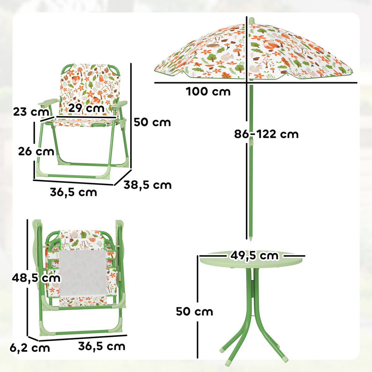 AIYAPLAY Kinder-Gartenmöbel-Set im Freien 4-teilig, Elefanten- und Giraffenmotiv, verstellbarer Ø 100 cm Sonnenschirm, klappbarer Stuhl