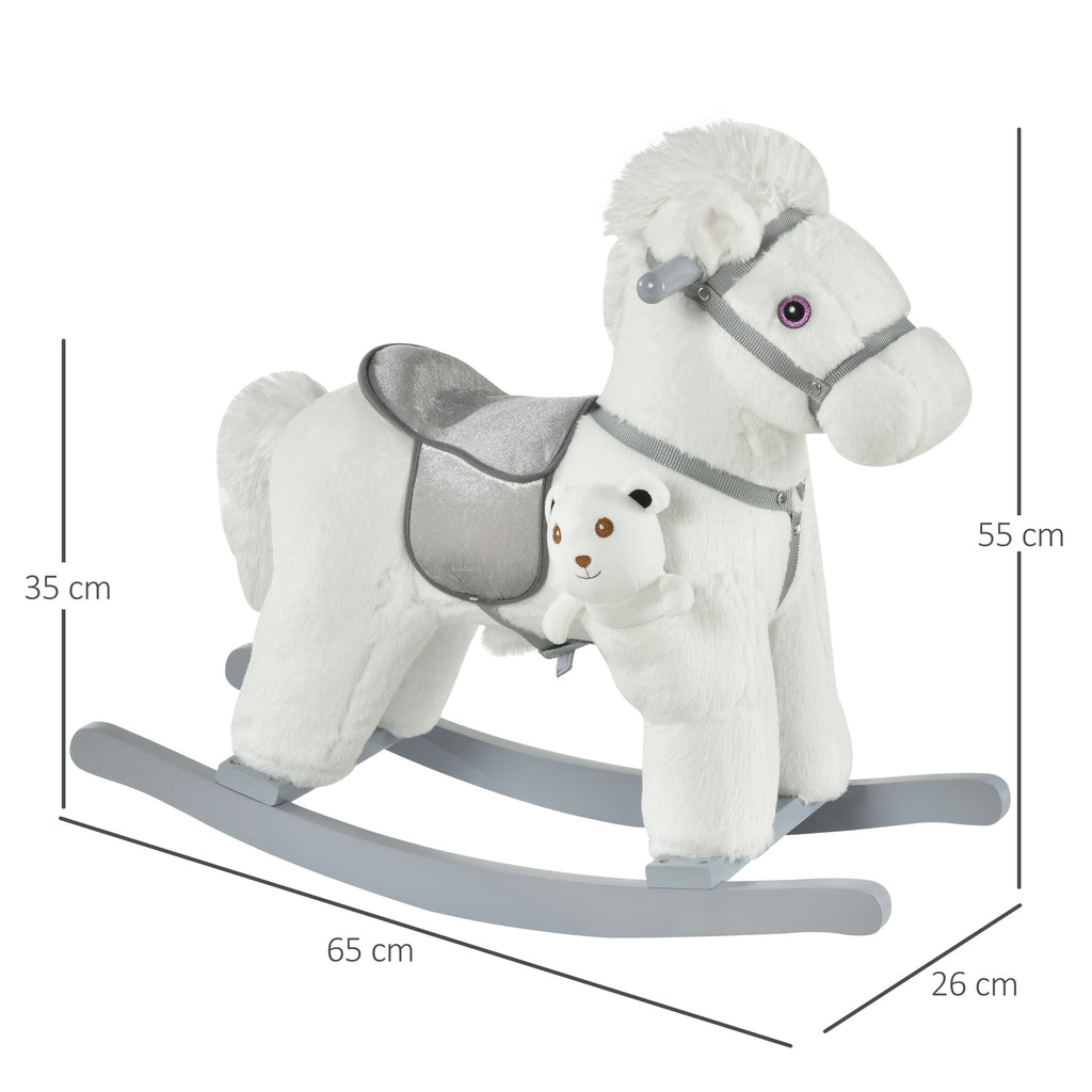 HOMCOM Kinder Schaukelpferd Baby Schaukeltier mit Tiergeräusche Spielzeug Haltegriffe für 18-36 Monate Plüsch Weiß 65 x 26 x 55 cm