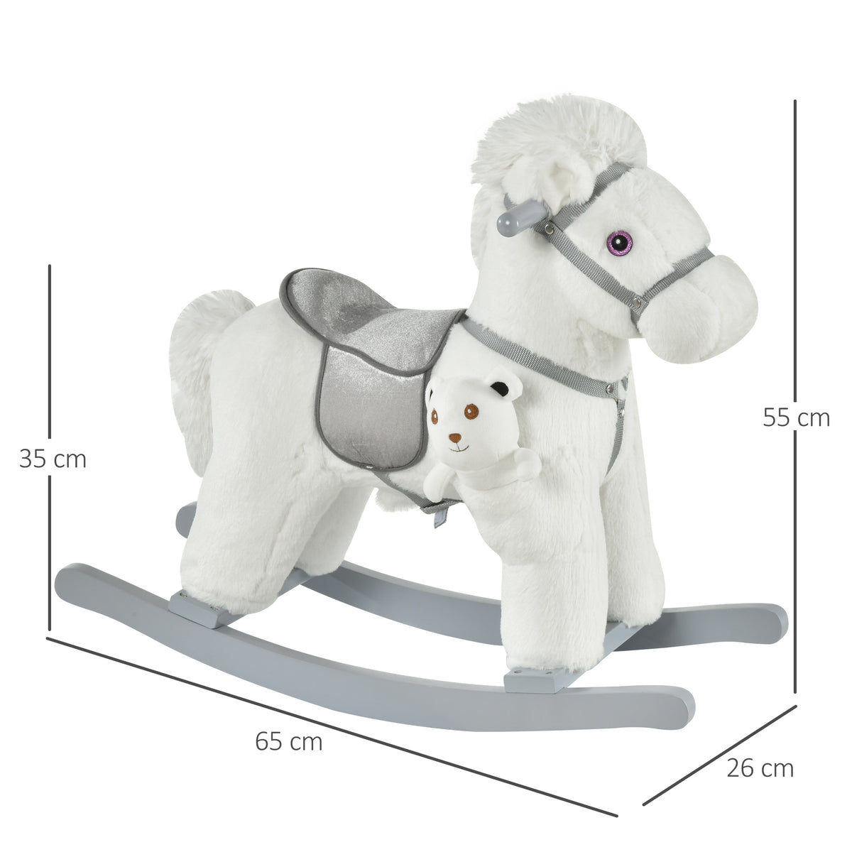 HOMCOM Kinder Schaukelpferd Baby Schaukeltier mit Tiergeräusche Spielzeug Haltegriffe für 18-36 Monate Plüsch Weiß 65 x 26 x 55 cm