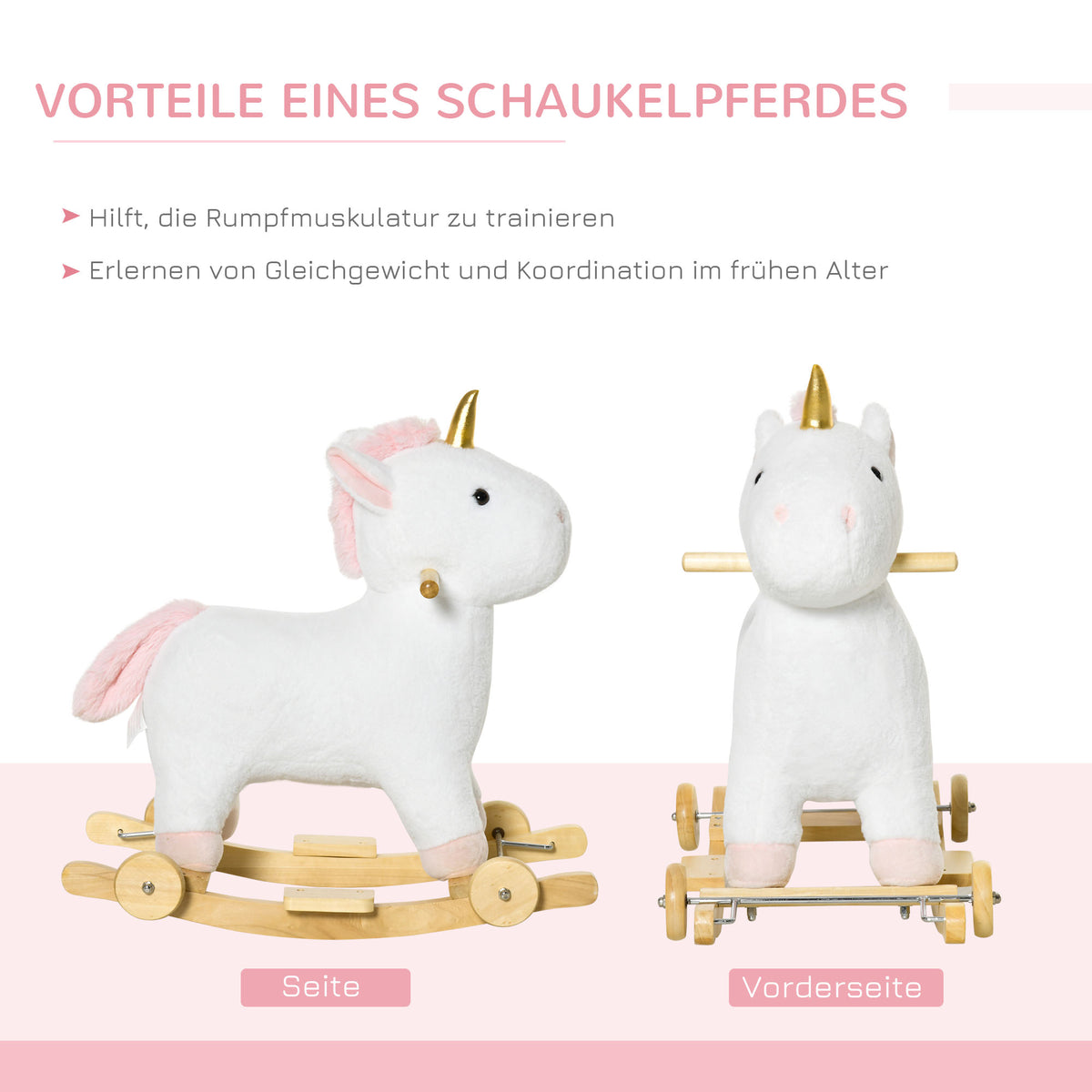 HOMCOM 2-IN-1 Schaukelpferd mit Räder Plüsch Schaukeltier Babyschaukel Spielzeug Weiß 63 x 38 x 63 cm